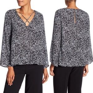 Lush Criss-Cross Bell Sleeve Blouse Black-Blue Dot